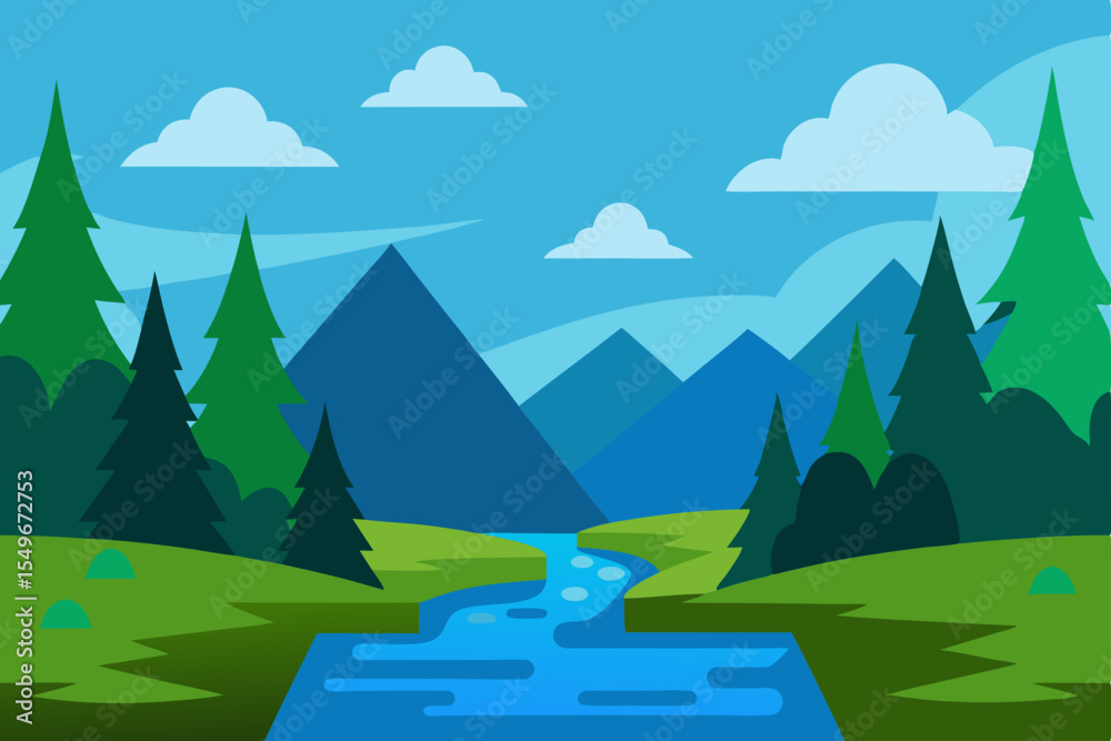 Obraz premium Summer mountain landscape with green trees, a blue sky, and white clouds