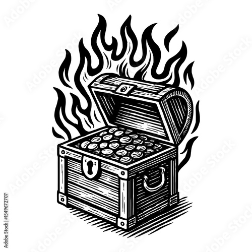 Treasure Chest Full of Gold Coins with Flames Black and White Outline Line Art Drawing