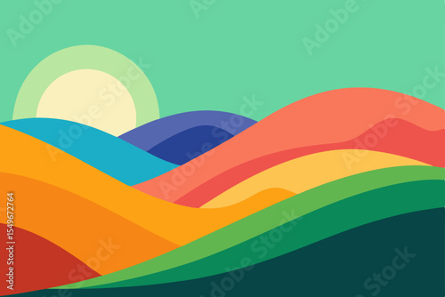 Abstract, colorful, and vibrant, this vector illustration depicts a rainbow arching over a summer mountain landscape with green hills and a clear sky