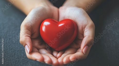 Hands holding a red heart against a gray background