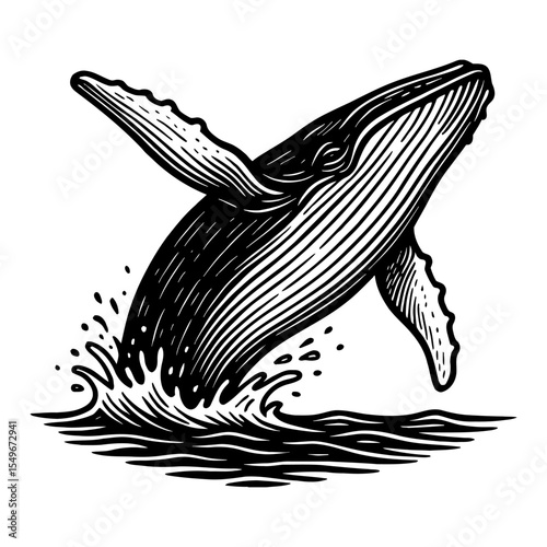 Whale Jumping Out of Water in Black and White Outline Line Art Drawing Style Illustration