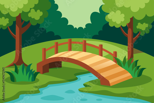 A serene park landscape with a bridge over a river, surrounded by lush green trees, a clear sky with clouds, and a vibrant summer meadow