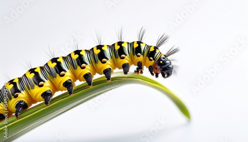bright yellow and black caterpillar with white background and copy space for text