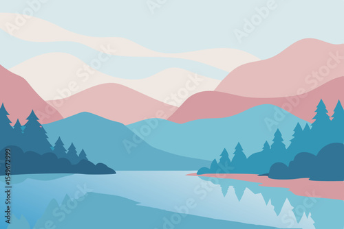 Majestic mountain landscape with a serene lake at dawn, enveloped in morning mist