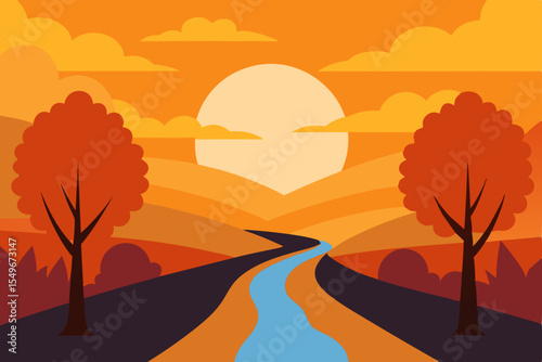 Autumn Sunset Landscape Serene River, Rolling Hills, and Colorful Trees
