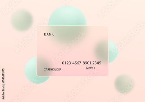 Soft vector design of a transparent credit card with floating pastel green spheres on a warm pink-beige background.