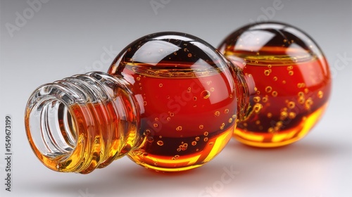 Amber Alchemy: A mesmerizing macro shot showcases a captivating amber liquid enclosed within elegant, transparent glass globes, highlighting the interplay of light and the fluid's rich hue. 