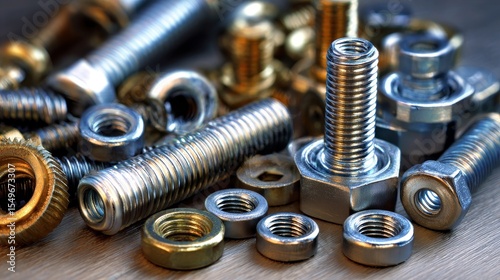 A collection of nuts and bolts, including screws, nuts, and bolts