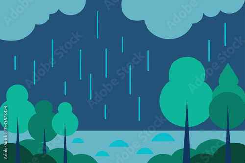 Rainy Night Landscape Dark Blue Sky, Falling Rain, Tranquil Lake, and Lush Green Trees