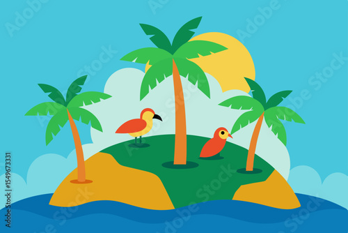 Tropical Island Paradise Birds, Palm Trees, and Sunsets
