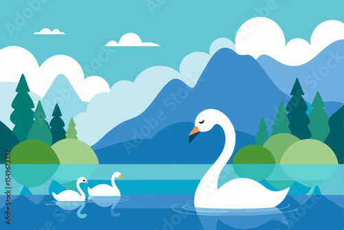 Serene Swans on a Mountain Lake A Peaceful Nature Illustration