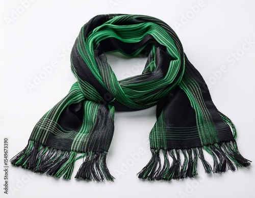 green and black scarf with fringe detail and white background