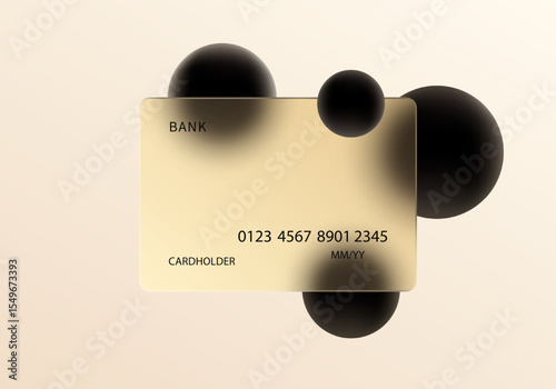 Stylish of a transparent credit card in gold tones with soft matte black spheres on a warm beige background.