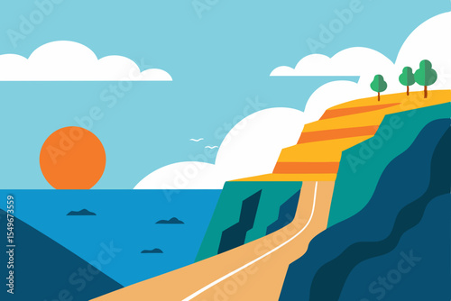 Coastal Sunset Drive A Scenic Road Trip Illustration