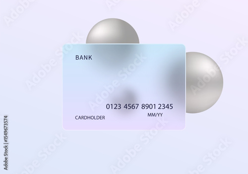 Minimal illustration of transparent glass morphism credit card with glowing platinum spheres on pastel blue and purple gradient background.