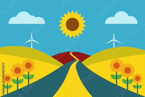 Sunflowers, Wind Turbines, and a Winding Road A Vibrant Summer Landscape Illustration