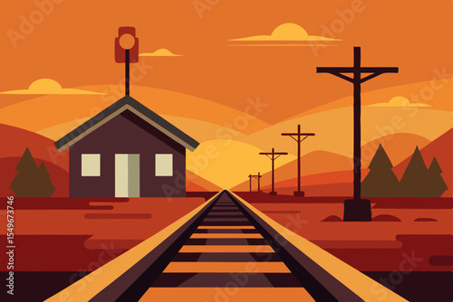 Sunset Train Tracks A Serene Rural Landscape Illustration