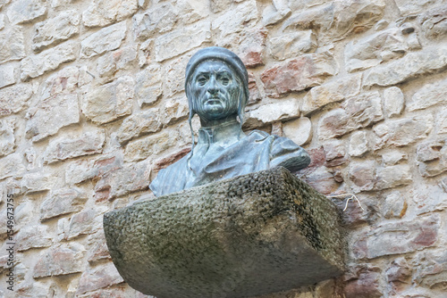 Bust of Dante Alighieri displayed outside the Casa Dante house museum in Florence, Italy. Dante, the author of the Divine Comedy, remains one of the most influential writers of the Italian Renaissance