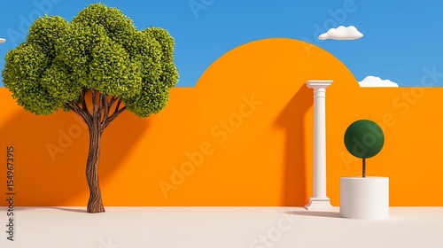 Bright Orange Wall with Twisted Tree and Classical Column 3D Render