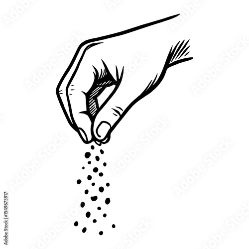 Hand Sprinkling Seasoning or Powder Black and White Outline Line Art Drawing Illustration
