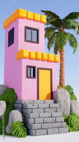 Bright Pink and Yellow Stylized House 3D Render