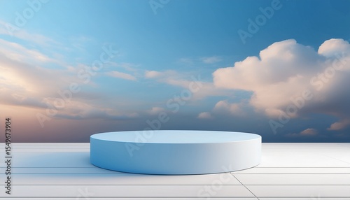 3d cylindrical white blue podium stand mockup showcase product display on pastel sky background minimalist modern