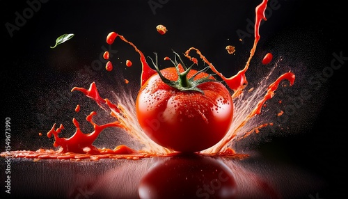 tomato bursting on impact with red sauce and seeds flying dramatic culinary explosion