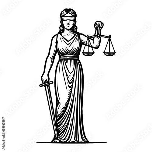 Lady Justice Themis Blindfold Holding Scale Sword Classic Black and White Outline Line Art Drawing