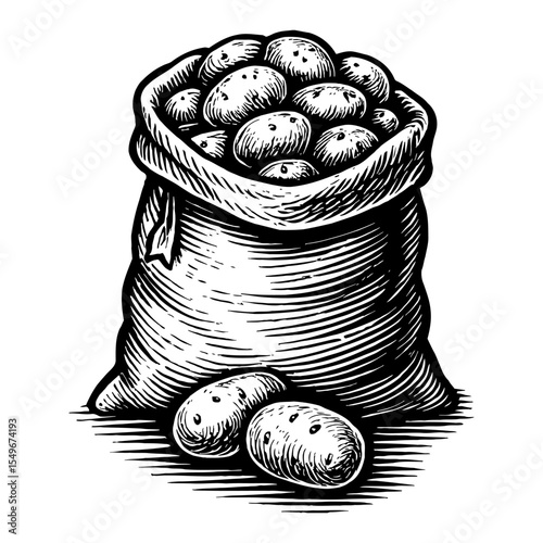 Sack of Potatoes Fresh Harvest Isolated in Black and White Outline Line Art Drawing