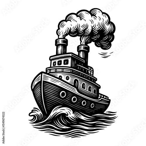 Ship Boat Smoke on Sea Water Black and White Outline Line Art Drawing Vintage Illustration