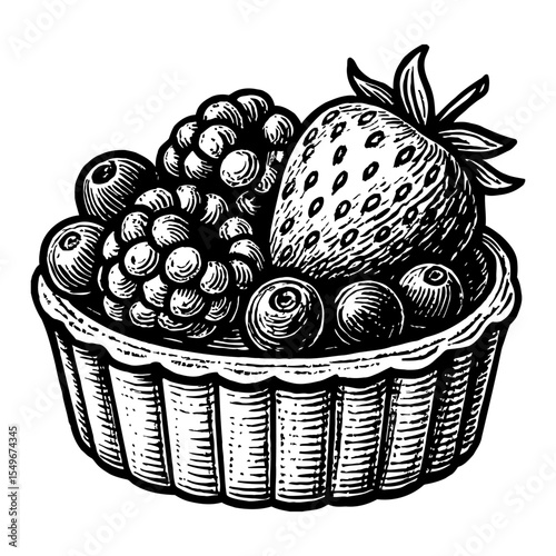 Strawberry Blueberry Blackberry in Basket Black and White Outline Line Art Drawing
