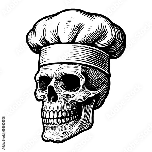 Skull Chef Hat Detailed Anatomy Black and White Outline Line Art Drawing Illustration
