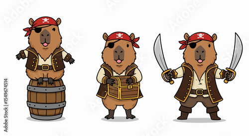 Cute capybara pirate characters. Image shows three adorable capybara pirates in various poses. One sits on a barrel, another holds a treasure chest,