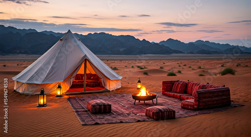Desert Sunset Camp: Luxury Tent and Fire Pit in Sand Dunes