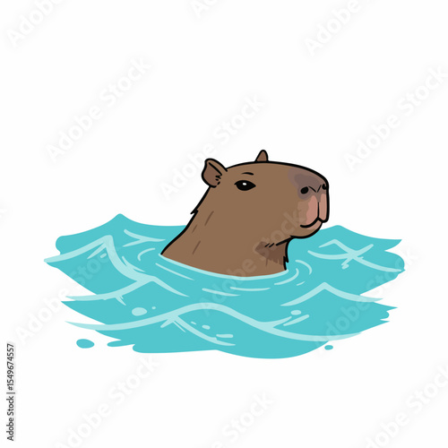Capybara swimming in blue water.  shows capybara enjoying refreshing swim. This adorable capybara image is perfect for children's books, nature documentaries,