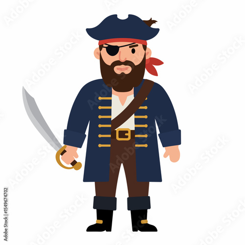 Cartoon pirate captain with sword.  Pirate character illustration features detailed costume: blue coat, brown breeches, eye patch, and hat.  This pirate design is perfect for children's books,