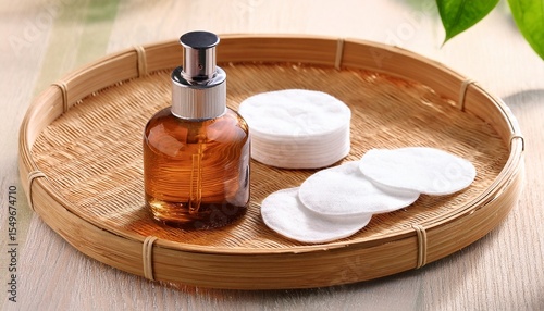 bamboo tray with bottle and cotton pads looks fresh and clean