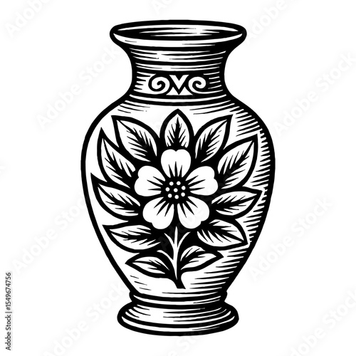 Woodcut Flower in Vase Engraving Black and White Outline Line Art Drawing Floral Design