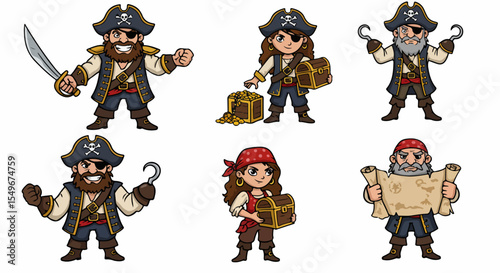 Cartoon pirate characters set.  Set includes male and female pirates with treasure chests, swords, and maps.  Perfect pirate illustrations for children's books, greeting cards, or website design.