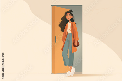 Teacher at the door of the classroom smiling in casual outfit  