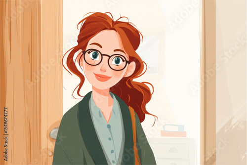 Young woman smiling at the classroom door with glasses and bag  
