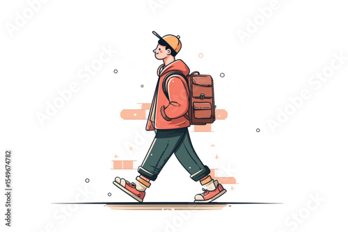 Student walking with a backpack in casual outfit against white background  