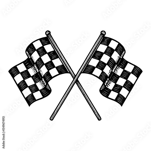 Checkered Flags Crossed Symbol Black and White Outline Line Art Drawing Race Finish Victory Graphic