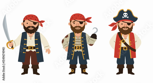 Three cartoon pirates with red bandanas and eye patches. One pirate holds a sword, another has a hook hand, and the third has a classic pirate hat.
