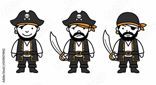 Cartoon pirate characters set. Three cute pirate boys in black costumes with orange bandana and cutlass. Illustration set of jolly roger pirates for kids book, children's clothing design,