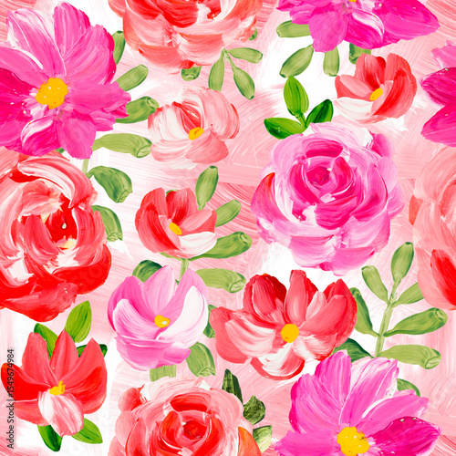 Seamless pattern of abstract red and pink flowers, original hand drawn, impressionism style, color texture, brush strokes of paint, art background