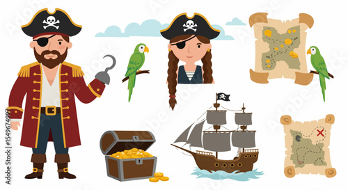 Cartoon pirate captain and first mate with parrot, treasure chest, ship and map.  Pirate crew illustration includes detailed characters, gold coins, and sailing vessel.