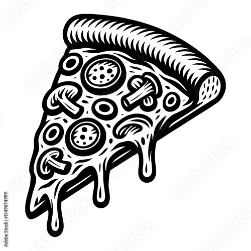 Pizza Slice with Pepperoni Mushroom and Cheese Black and White Outline Line Art Drawing
