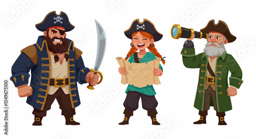 Pirate captain, girl, and old sailor crew illustration.  A brave pirate captain holds sword, young pirate girl studies map, and wise old sailor peers through spyglass.