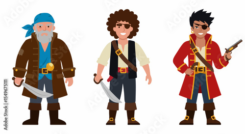 Three pirates with cutlasses and pistols.  One old pirate in brown coat, another younger pirate in black vest, and third young pirate in red coat.